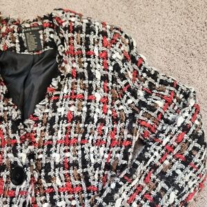TARA RYAN Womens Size 8 Wool Blend Jacket Black White Red Textured Plaid